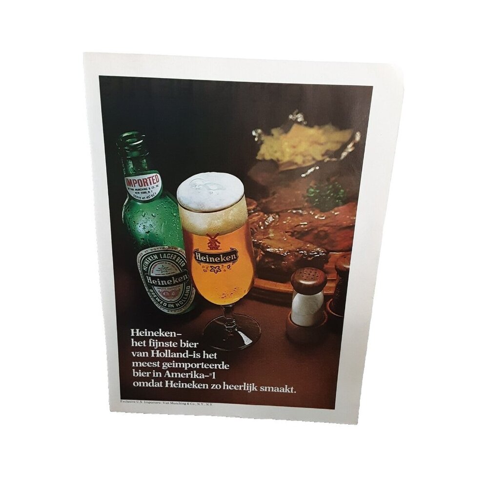 1974 Heineken Beer Bottle Mug Written In Dutch Holland Original Print Ad 70s